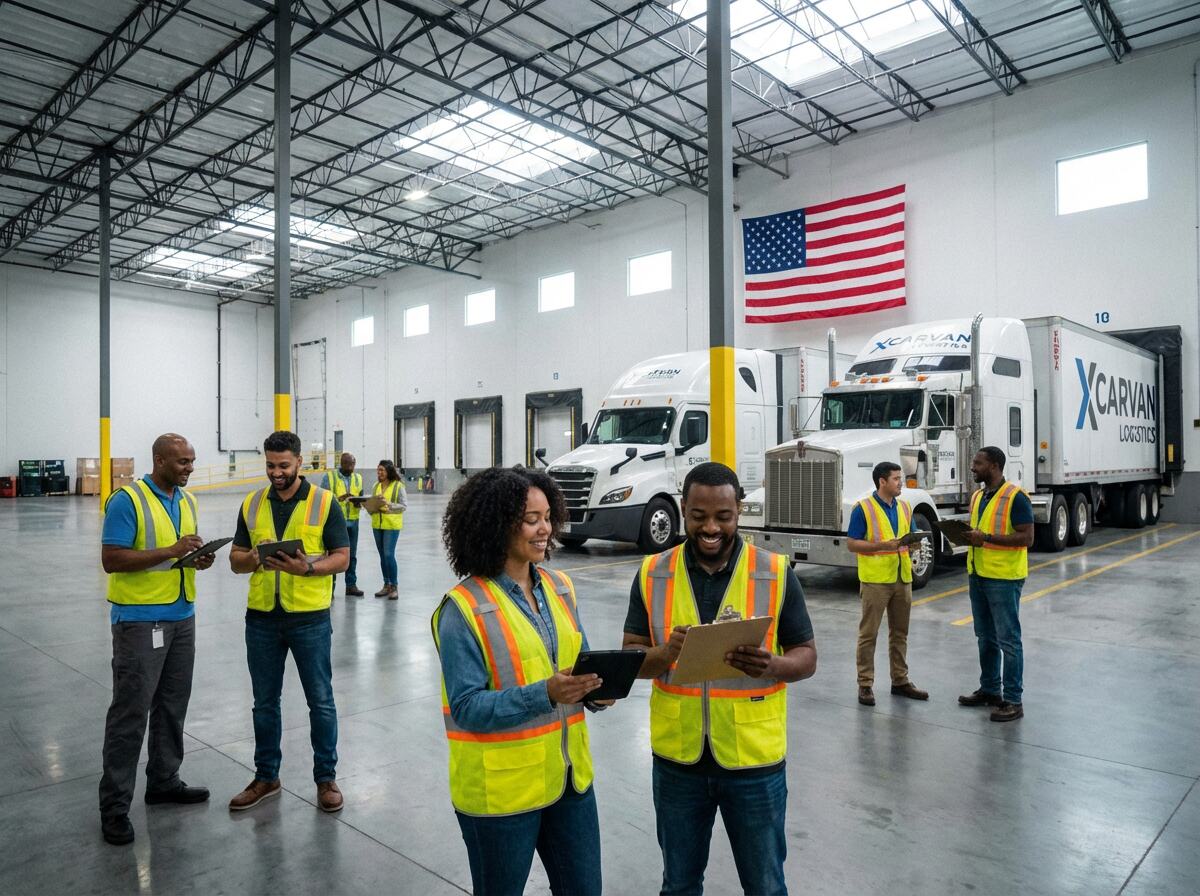 Professional logistics team coordinating warehouse operations and freight management