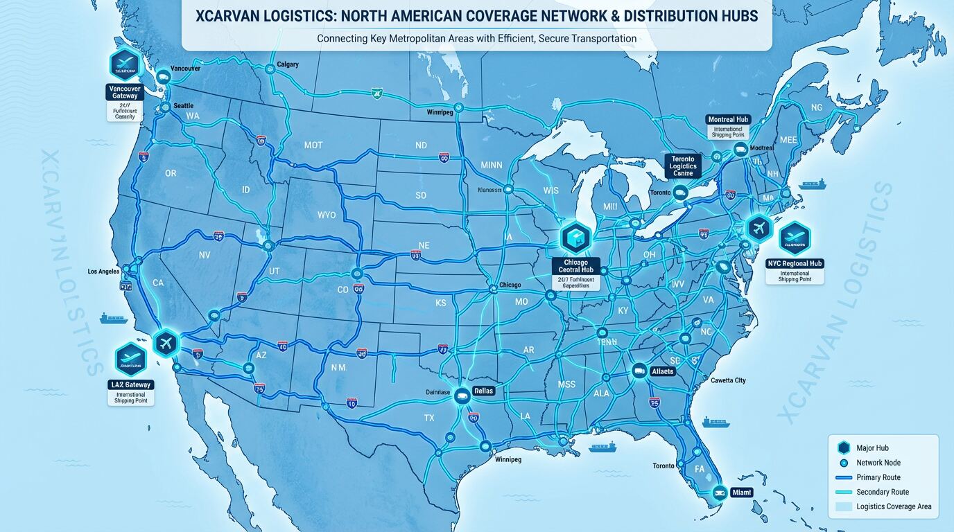 Xcarvan Logistics coverage map showing service areas across USA and Canada